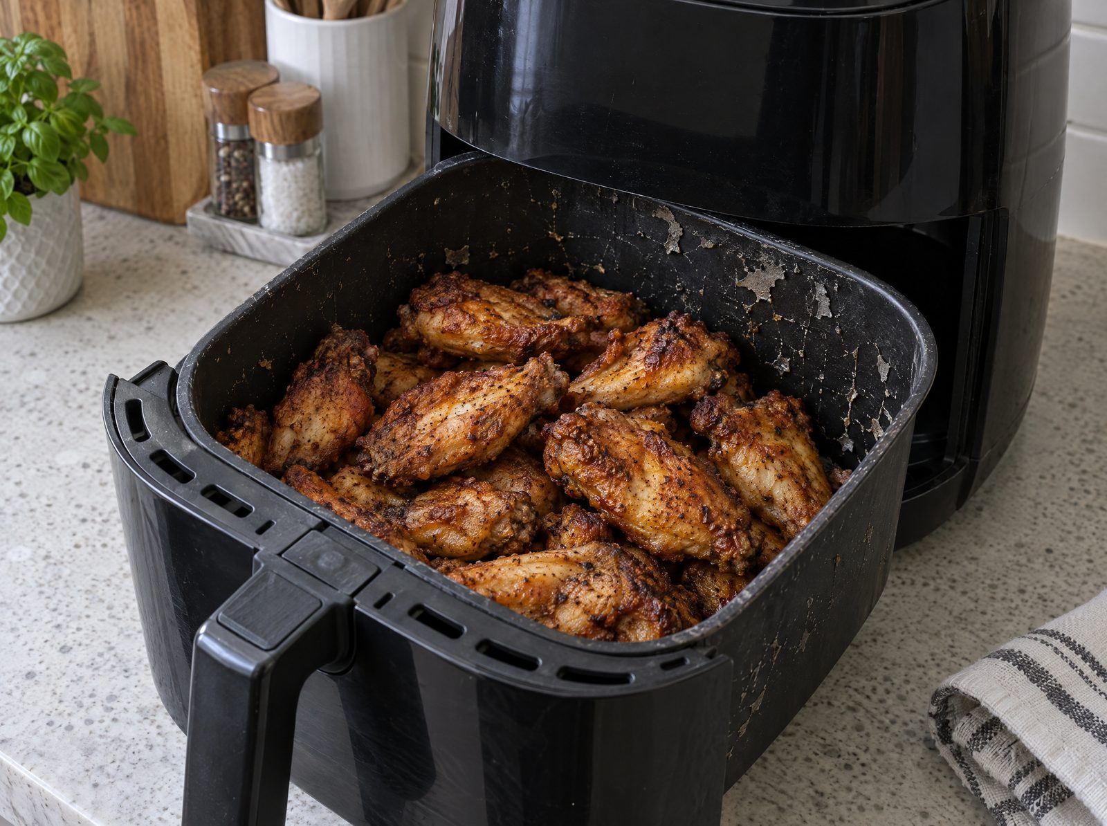 A basket air fryer with a scratched non-stick coating