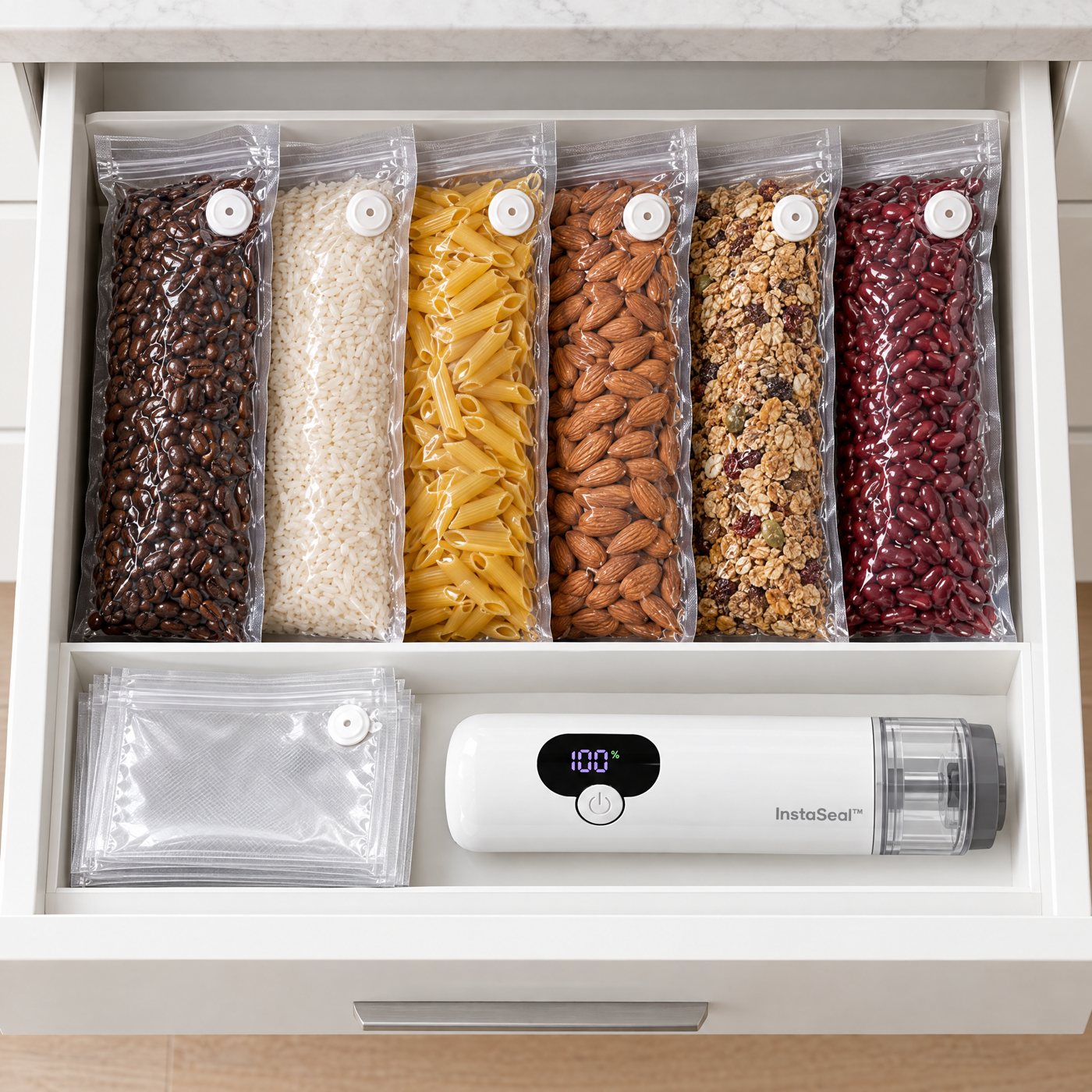 Sealed bags stored flat in a drawer