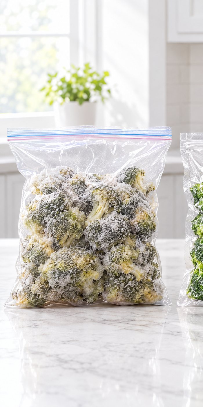 Freezer-burned broccoli in a zip-top bag